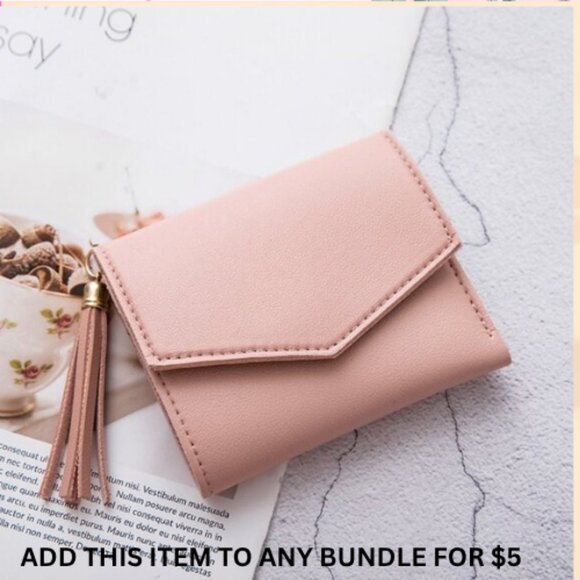 $5 ADD ON ITEM- Minimalist Pink Faux Leather Wallet with Tassel Compact Stylish - Picture 1 of 6
